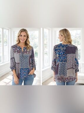 Zac & Rachel Blue Multi-Pattern Boho 3/4 Sleeve Blouse Size Large NWT